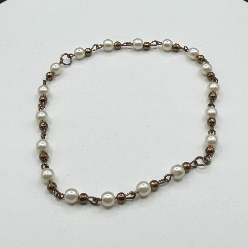 Faux Pearl Bronze Tone Link Chain Bracelet Coquette Romantic Boho Jewelry Gift